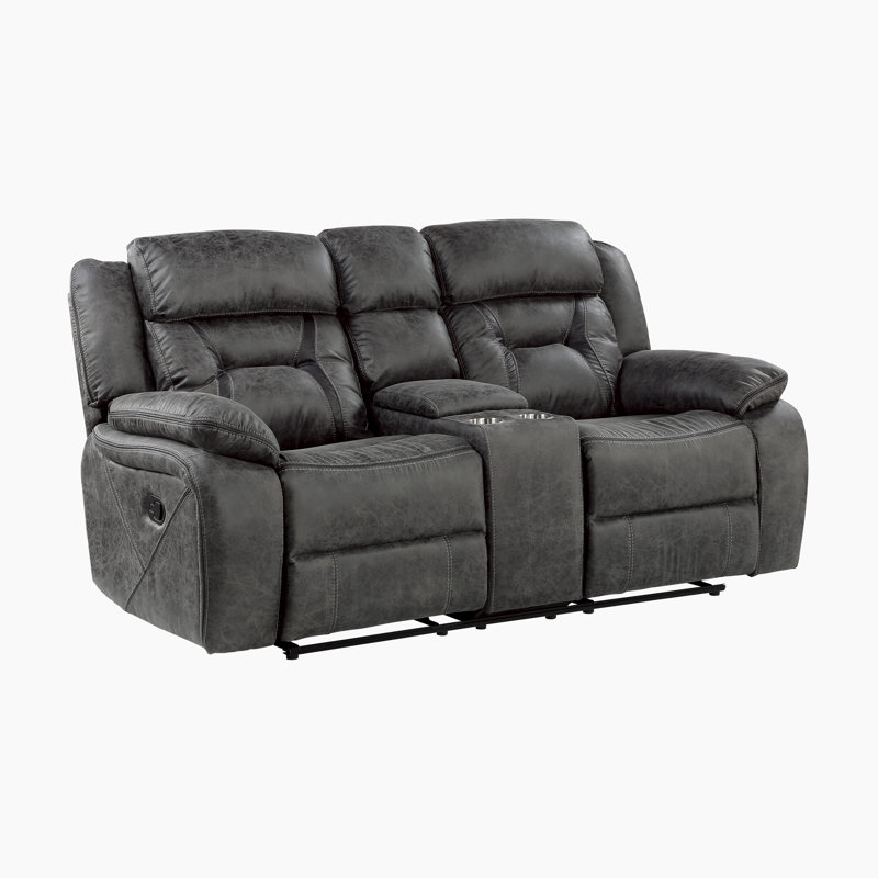 Gray Microfiber Tufted Reclining Loveseat with Cup Holder