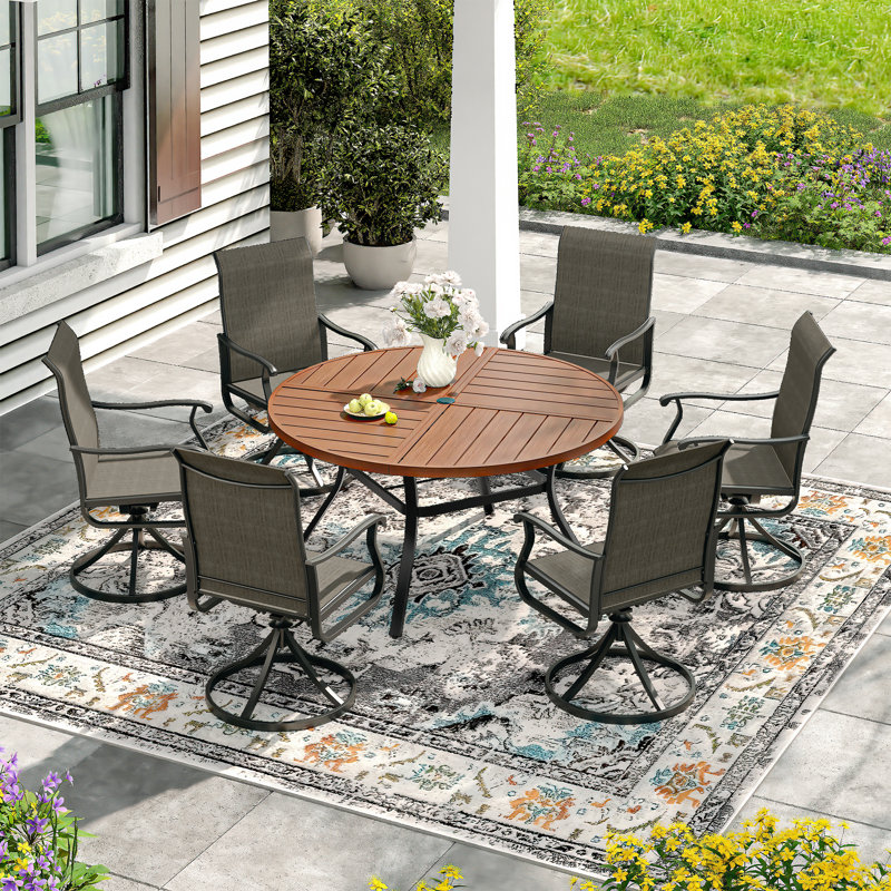 6-Person Outdoor Round Dining Set With Swivel Chair, Walnut/Brown