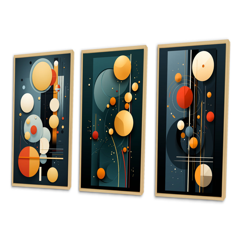 «Retro Circular Minimalisme In Vintage», 3 pièces sur toile, Cadre naturel flottant, H 28 po x l 36 po