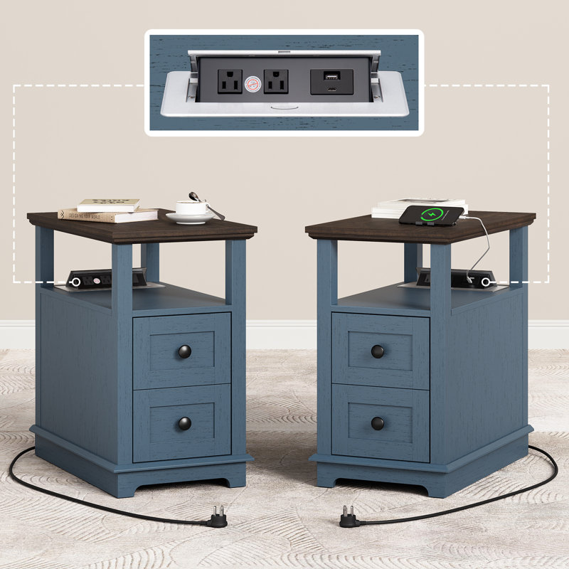 Tables de bout à 2 tiroirs avec rangement et station de charge rapide pour le salon, Bleu, 2 unités