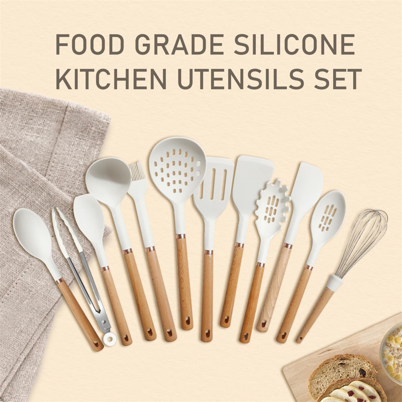 Ephratah Kitchen Utensil Set Silicone, 33 Pieces Cookware, Natural Wood Handles(White)