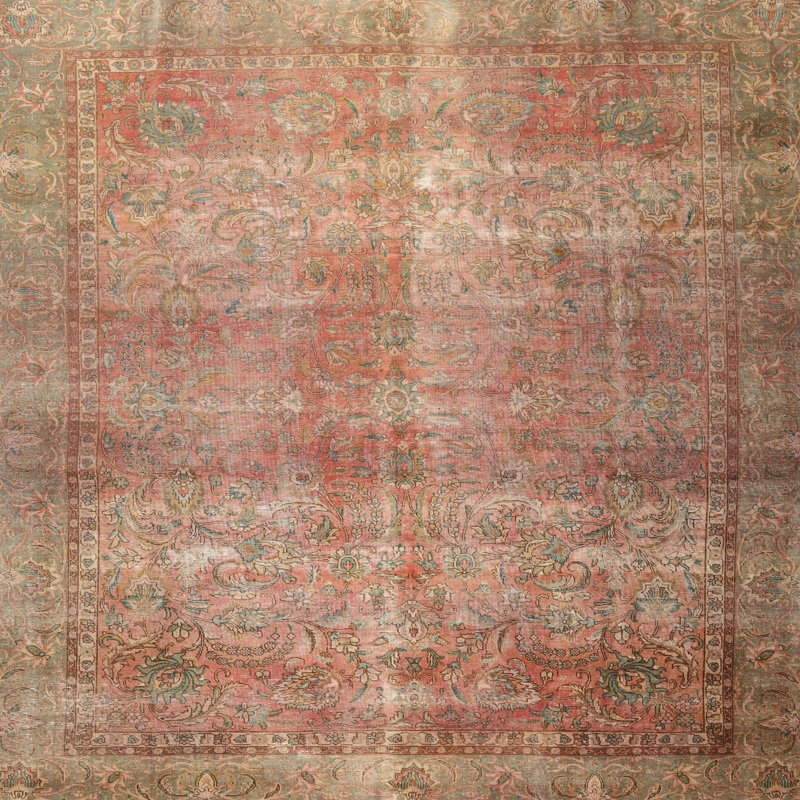 Gris laine floral/Tapis décoratif rouge, Carré 7 pi