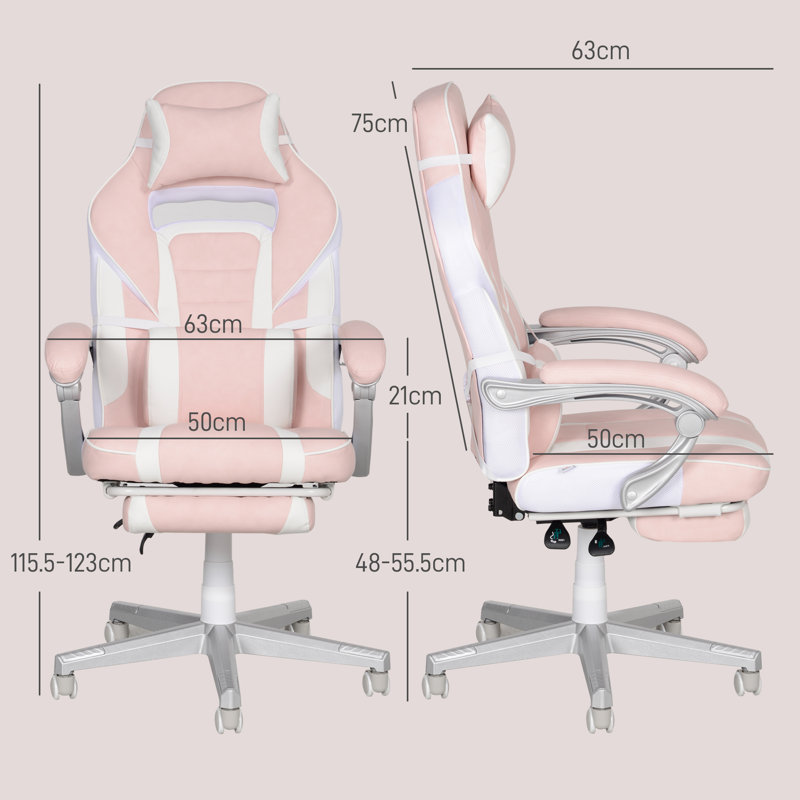 Inbox Zero Creaser Adjustable Reclining Ergonomic Faux Leather Swiveling PC & Racing Game Chair with Footrest in Pink