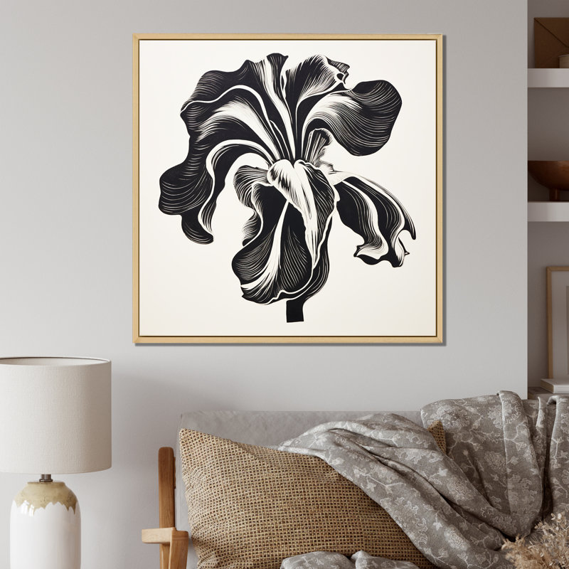 Fleur d'iris noir et blanc sur toile, Cadre flottant brun, H 24 po x l 24 po x P 1 po