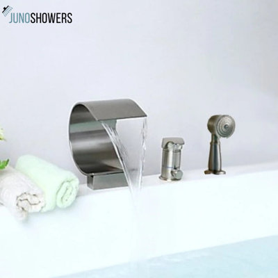 Robinet de baignoire à cascade en nickel brossé avec douchette à main Juno