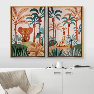 Bright Preppy Animals " Elephant & Giraffe In Tropical Jungle Safari Nature " 2 - Pieces