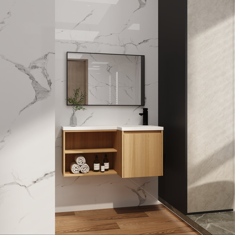 Meuble-lavabo de coin flottant avec porte à fermeture en douceur et tablettes ouvertes, Droite