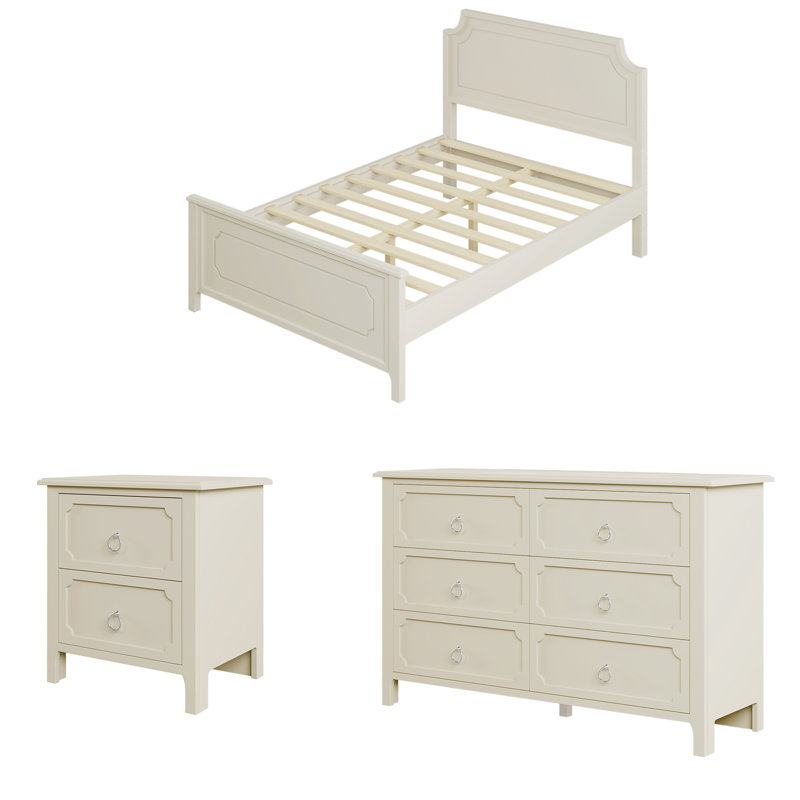 Ensemble de chambre à coucher 3 pièces Yavian, lit double en bois d'hévéa avec table de chevet et commode, Complète
