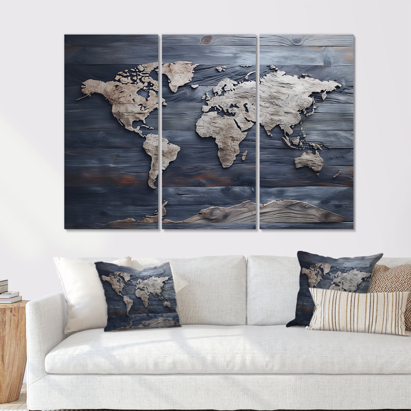 Rustic Route World Map I - Ensemble de décoration murale carte du monde, Toile tendue, H 40 po x l 60 po x P 1 po