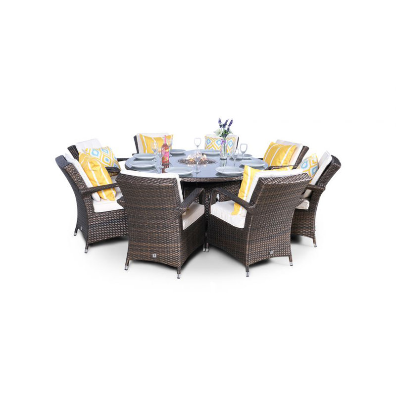 Otero 8 - Person Wicker Patio Dining Set with Round Table , Cushions Included, Brown, Beige