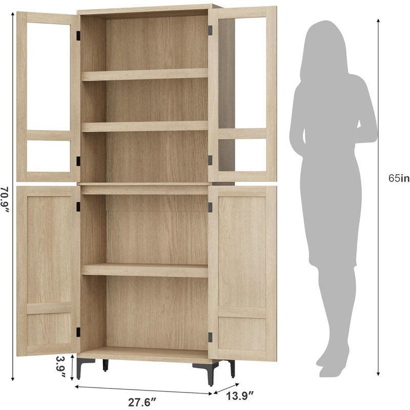 Armoire de rangement de 71 po de hauteur, armoire de salle de bain 5 niveaux avec 4 portes et tablettes réglables, Naturel