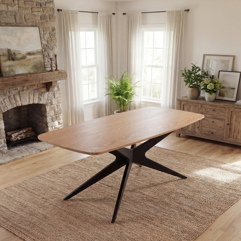 69.3" Rectangle Pedestal Dining Table With Metal Frame For 4-6 People, Natural Wood