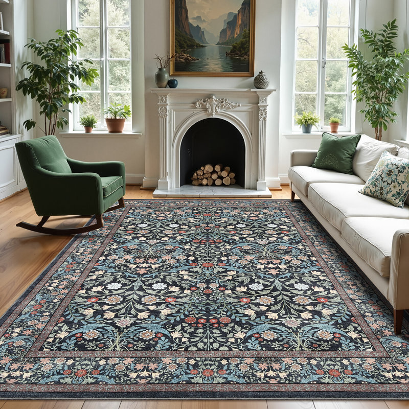 Floral Washable Area Rug Vintage Large Rugs for Living Room Soft Non-Slip Carpet Indoor Floor Stain Resistant Carpets for Bedroom Dining Room Farmhouse Nursery Home Office