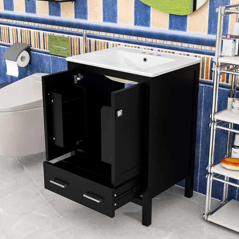 Meuble-lavabo avec lavabo, 1 tiroir et 2 portes, Noir
