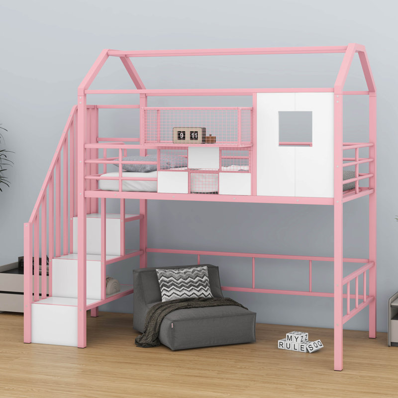 Metal Twin Size Loft Bed Frame With A Storage Box And Stairs, Pink