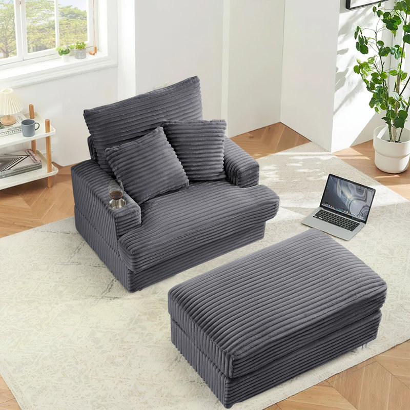 Oversized Chaise Lounge Chair Indoor with Ottoman, 39" W Corduroy Upholstered Comfy Sofa Couch with Cupholders and Deep Seat, Convertible Sleeper Sofa Bed Chair for Living Room, Bedroom