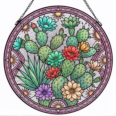 Cactus Flower Stained Glass Window Panel，7.8H