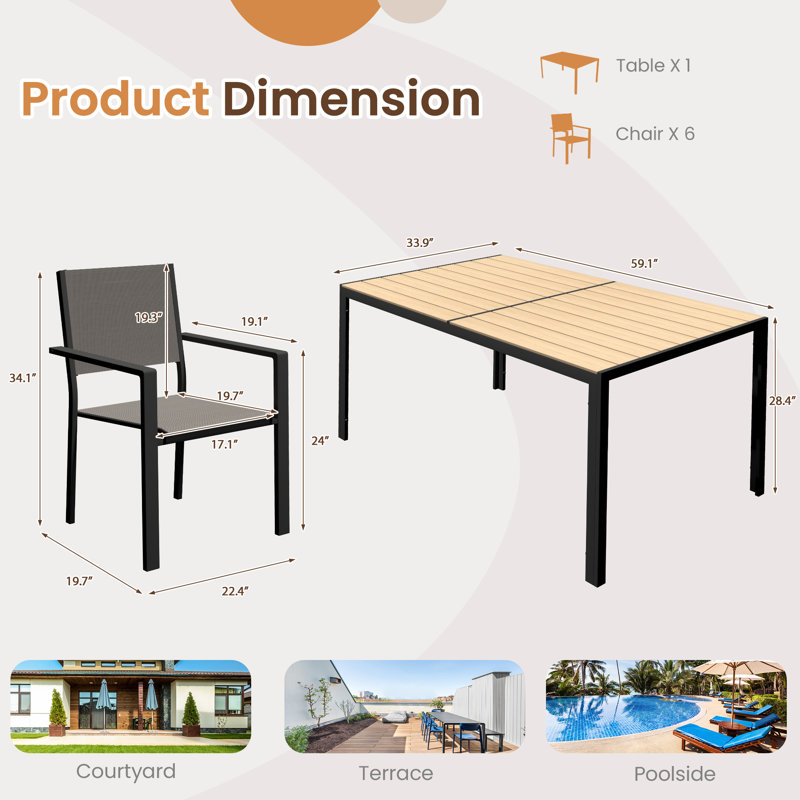 7 Piece Outdoor Patio Dining Set With 1 Table & 6 Chairs, Patio Dining Furniture For 6, Wpc Tabletop And All-Weather Resistant Iron Frame, Suitable For Garden, Backyard And Deck, Brown