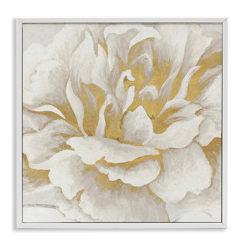 Art doré et giclée encadrée de fleurs dorées et blanches par Elizabeth Medley, H 24 po x l 24 po