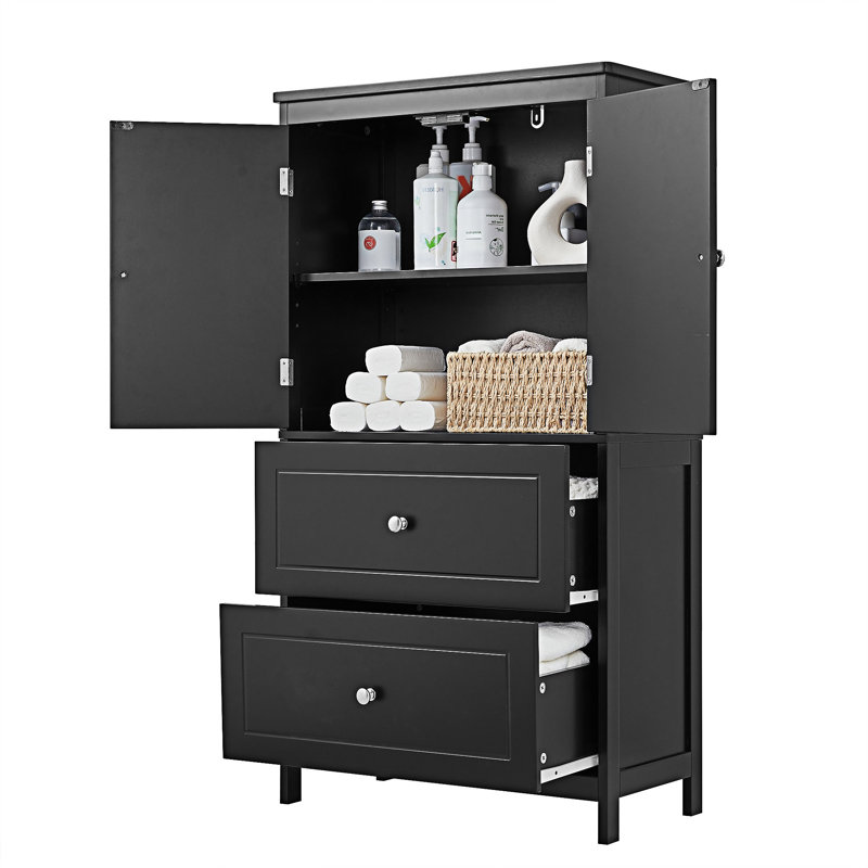 Armoire de rangement pour salle de bain avec tablette réglable et tiroirs, Noir / Nickel brossé