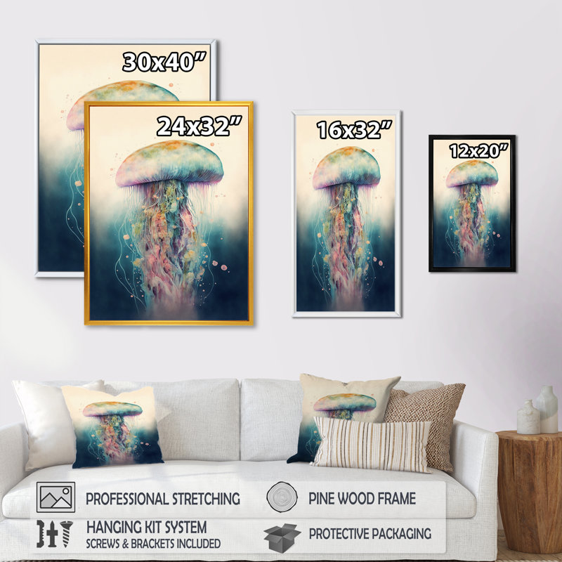 Mykelle Colorful Deepsea Jellyfish I - reproduction sur toile, L 30 po x H 40 po, Toile avec cadre flottant or