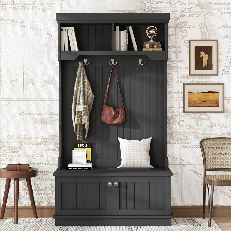 Black 4-In-1 Multifunctional Hall Tree With Coat Hooks & Storage Shoe Bench, Space-Saving Organizer For Entryway, Hallway & Living Room