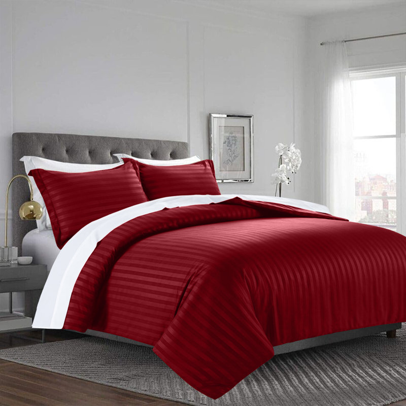 Imperial Homeware London Microfiber Striped Duvet Cover Set with Pillowcases Included, Burgundy Striped