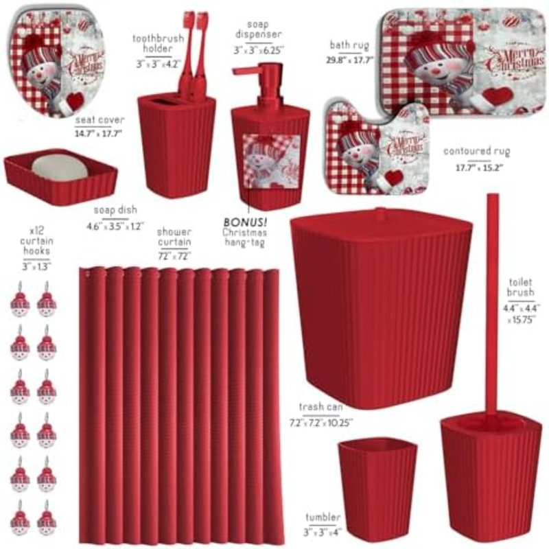Ensemble d'accessoires de salle de bain de Noël - 22 pièces, ensemble complet + tapis de bain, moderne, rouge et blanc, polyester