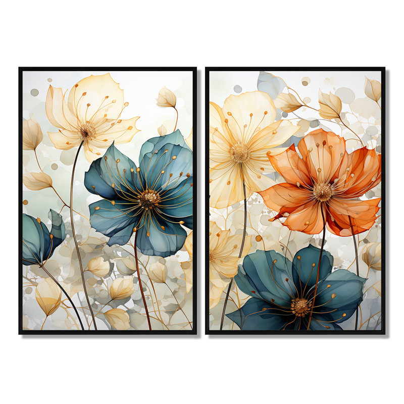 Mosaïque de pétales orange sarcelle I - art mural moderne 2 pièces, 36" H x 48" W, Reproduction encadrée sans passe-partout