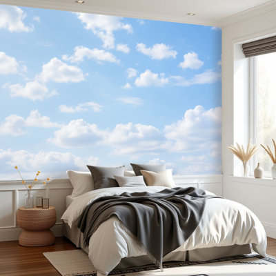 Papier peint adhésif bleu ciel doux blanc moelleux à motif de nuages pelucheux H 69 po x l 96 po, papier mural amovible en PVC auto-adhésif pour chambre à coucher, bureau à domicile