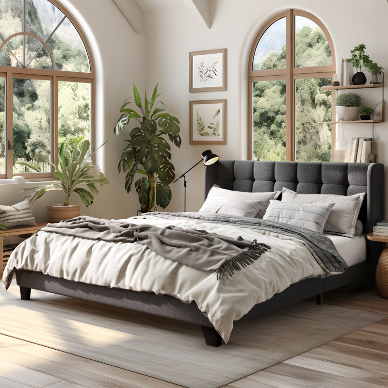  Kraatz Queen Size Wingback Upholstered Bed, No Box Spring Needed, Tufted Fabric Platform Bed Frame, Gray, Queen