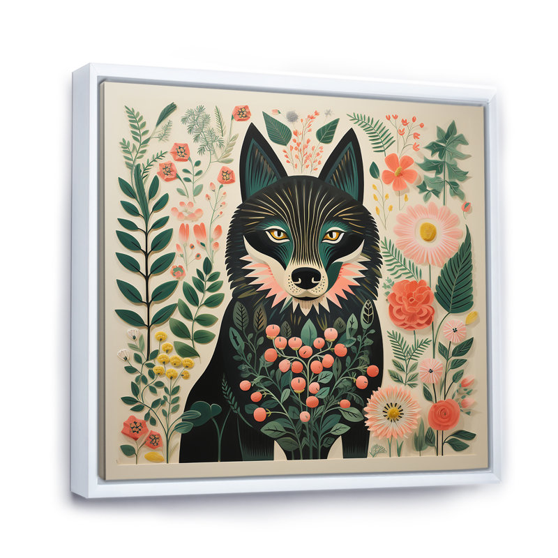 Rose et vert Boho Portrait I - loup, art mural, Cadre flottant blanc, H 36 po x l 36 po x P 1,5 po