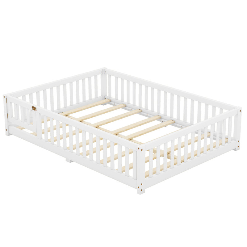 Full Size Kids Floor Bed with Safety Rails and Door, Low Profile Pine Wood Bed for Independent Sleep, White, White, Full