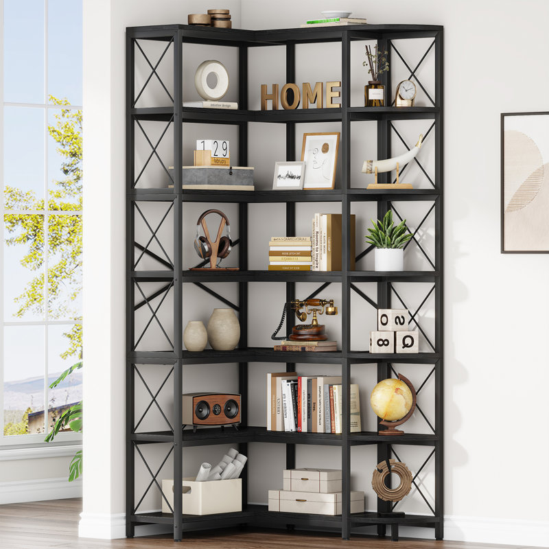 Ingbert 34.64" Corner Bookshelf, Flower Stand,Bookcase, Corner shelf, Black