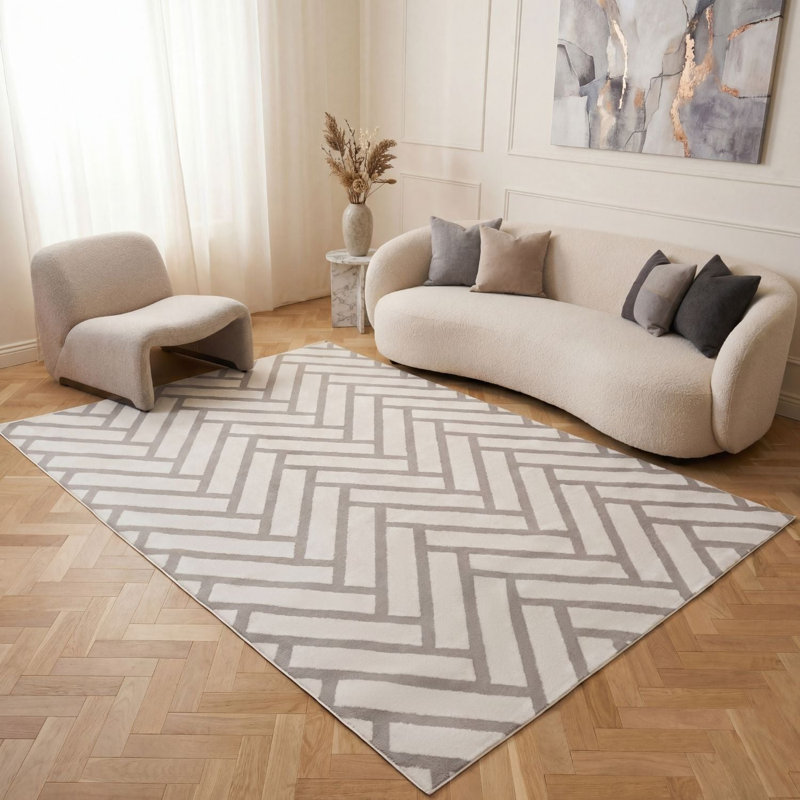 Loft Modern Chevron Living Room Area Rug and Runner Soft Pile, Grey/Ivory, Rectangle 200 x 290 cm