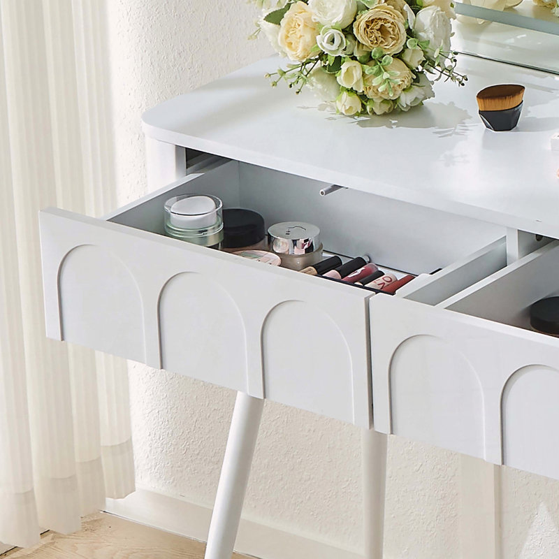 Bureau de coiffeuse moderne avec miroir à DEL 3 couleurs et armoire réglable, Blanc