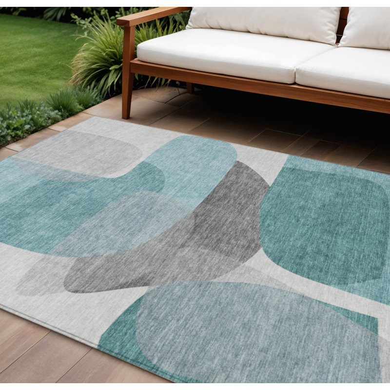 Tapis d'extérieur lavable abstrait bleu sarcelle 10 pi x 14 pi bleu et gris