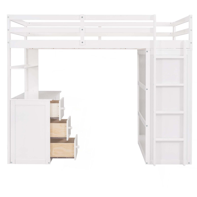 Lit mezzanine avec tiroirs, bureau et garde-robe, Lit simple, Blanc