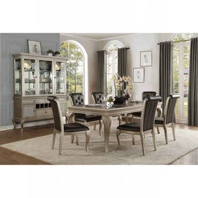 Modern Glam Silver Finish 7Pc Dining Set Table With Extension Leaf And 6 Side Chairs Crystal Button-Tufted Traditional Style Dining Furniture