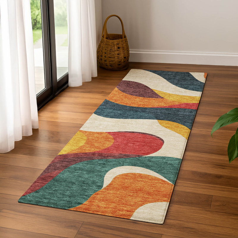 Premium Machine Washable Mayfield AMF2186 swirls Rug, 2'3" x 7'6" Runner, Orange