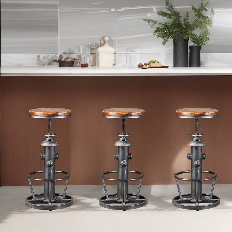 American Antique Steampunk Decor Vintage Industrial Bar Stool Retro Stylish Fire Hydrant Design Adjustable Swivel Cafe Coffee Pub Kitchen Counter Stools Round Bottom ( Wooden Top)