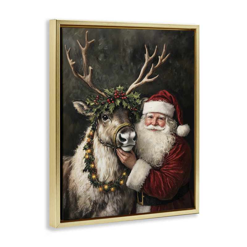 Cadre flottant père Noël et renne, design par Arlington Prints, H 21 po x l 17 po, Cadre flottant métallique doré