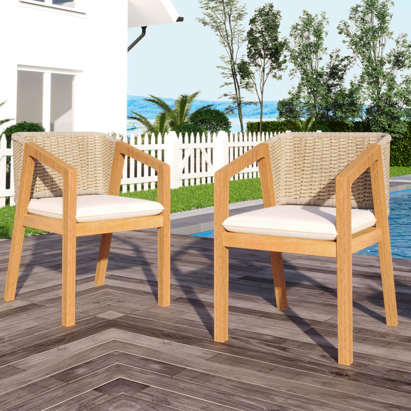 Chaise de patio pour 2 personnes en bois avec dossier en corde élastique et coussin de fixation amovible