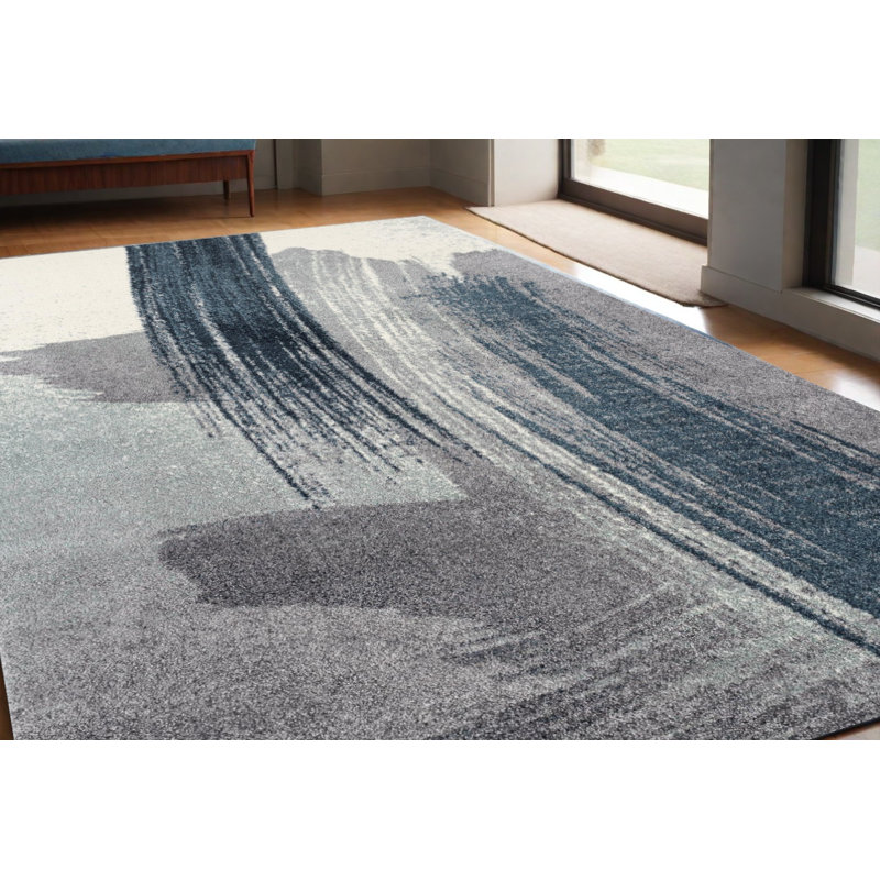 Tapis blanc et bleu à motif abstrait 5 pi x 8 pi Mcconatha, Rectangle 5 pi x 8 pi