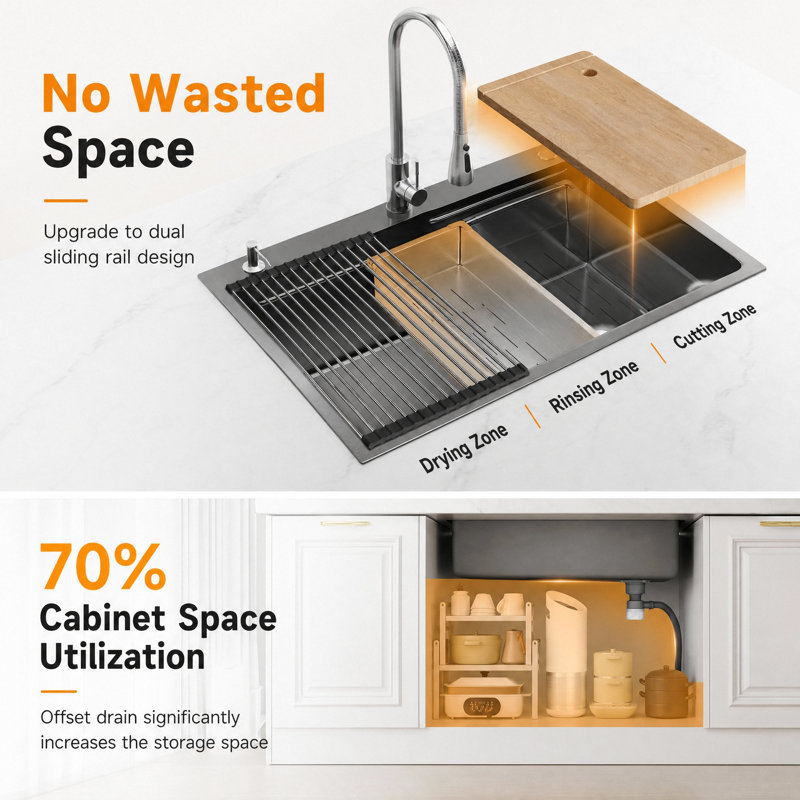 Évier de cuisine encastré noir 33 po avec drain escamotable en acier inoxydable 304 et cuve simple en acier inoxydable 304 avec accessoires