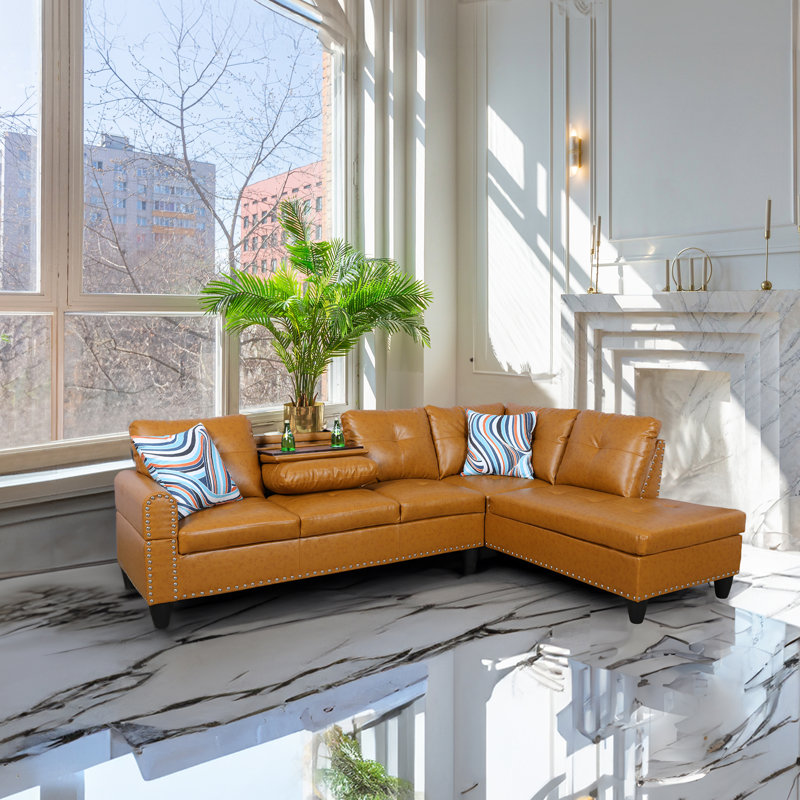 Morgynn Faux Leather L-Shaped Sectional, Ginger Faux Leather, Right Hand Facing