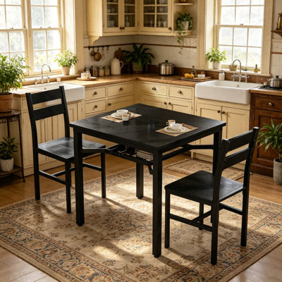 Rustic Industrial 4-Person Dining Set With Built-In Wine Rack & Storage Shelf, Square Kitchen Table And 2 Chairs, Wood Grain Top With Sturdy Metal Frame, Space-Saving For Small Apartment, Dining Room, Breakfast Nook