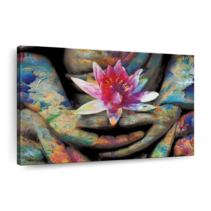 Fleur de lotus à la main sur toile, H 8 po x l 12 po x P 1 po