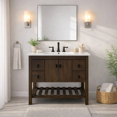 40 in. Single Sink Vanity Rustic Wood Finish with White Ceramic Sink Top
