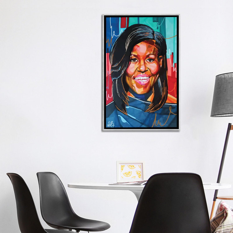 Michelle Obama - impression d'art graphique, Pas de tapis, Toile avec cadre argenté, H 26 po x l 40 po x 1,5 po